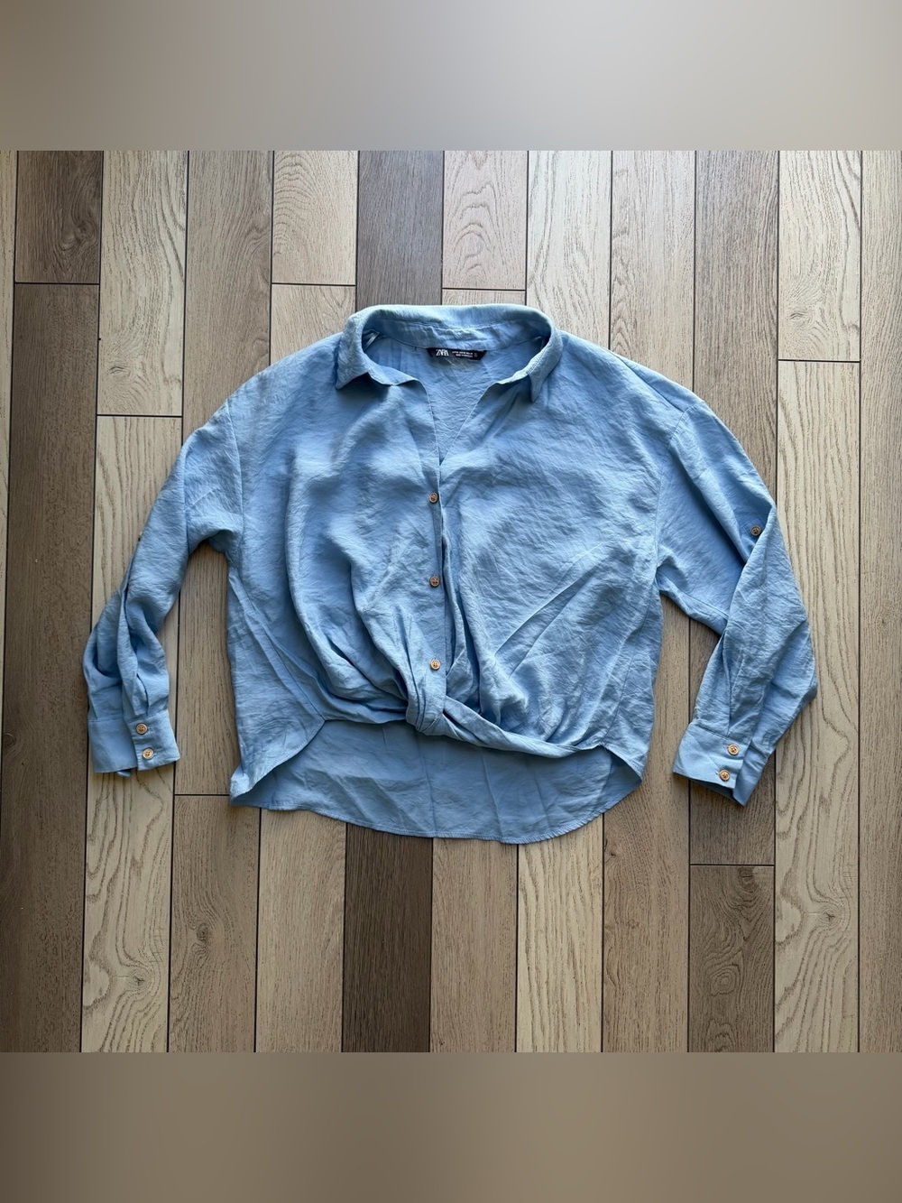 Zara Light Blue Button-Down Knot-Front Shirt size M